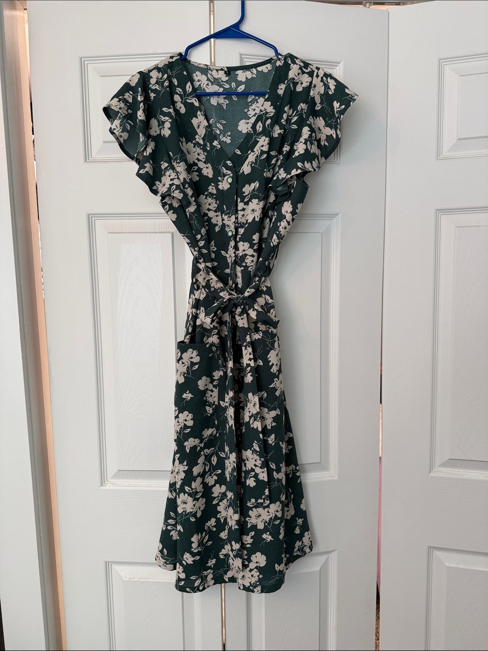Amazon Dark Green Floral Midi Dress with Cream Blossoms